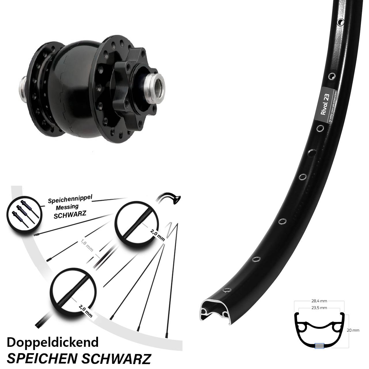 SON 28 Ryde Rival 23 27,5 Zoll Vorderrad mit Nabendynamo 6-Loch 12x100