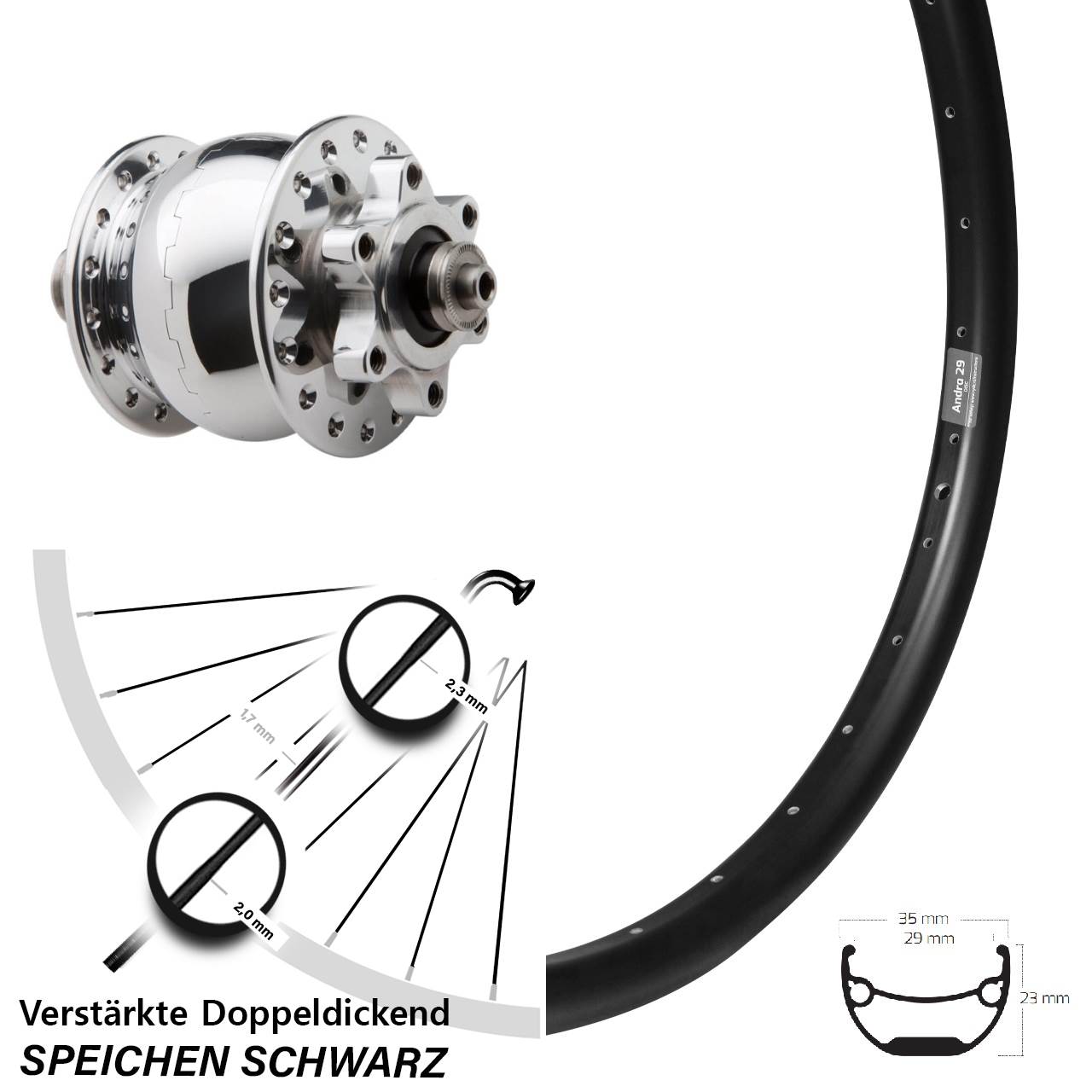 Nabendynamovorderrad für Schnellspanner Disc Ryde Andra 29 Zoll SON 28