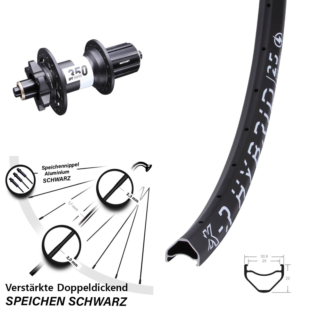 Hinterrad 28-29 Zoll KX-R Hybrid 25 DT Swiss 350 8-11 fach HG 5x141 6-Loch