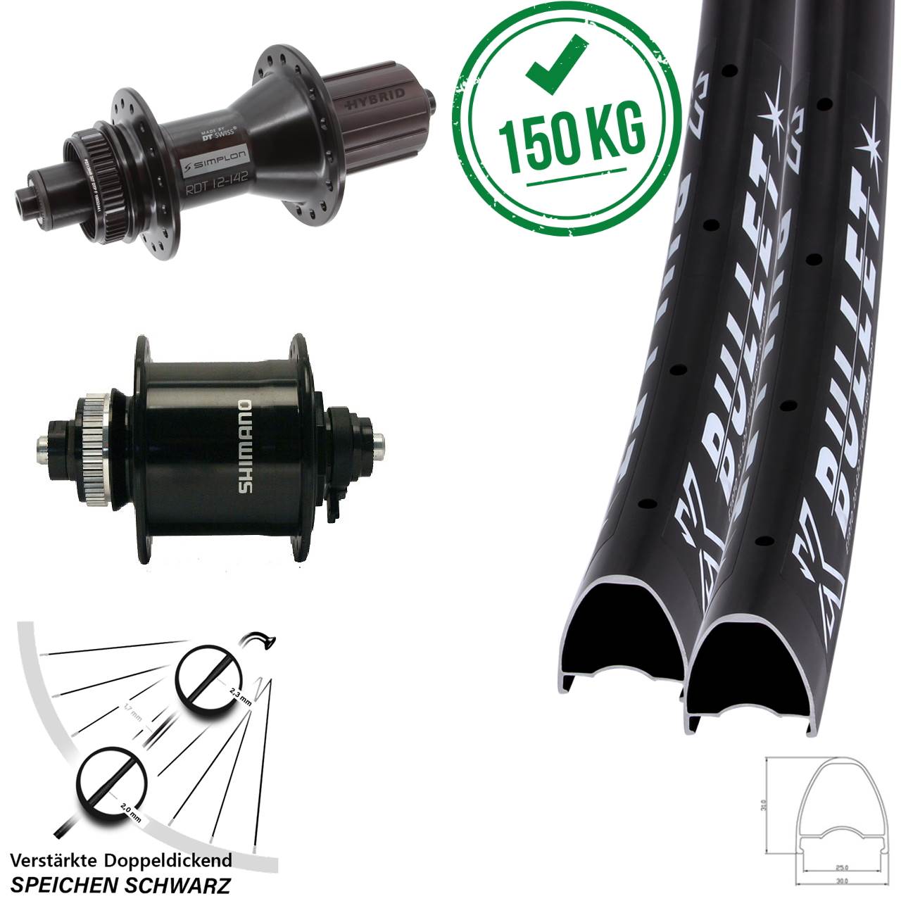 KX Bullet DT Swiss 370 Hybrid Shimano DH-UR700-3D 28 Zoll Disc Laufrad-Satz QR 8-11 fach