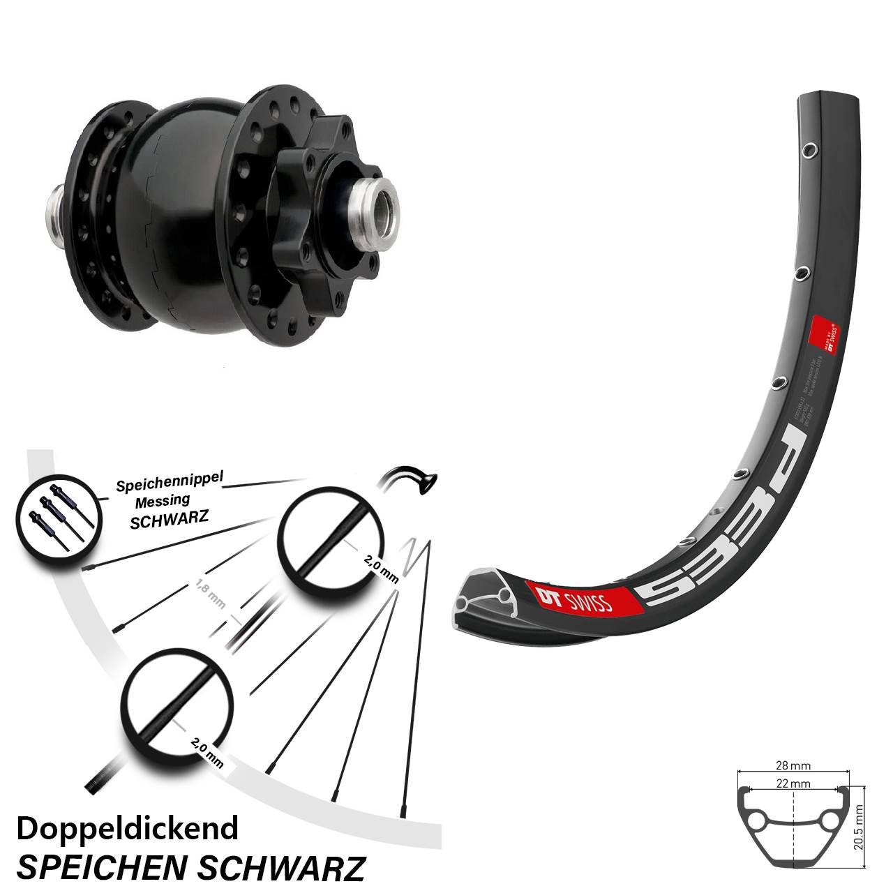 Son 28-12 schwarz Nabendynamo DT Swiss 533 D Scheibenbrems-Fahrrad-Laufrad 27,5 Zoll