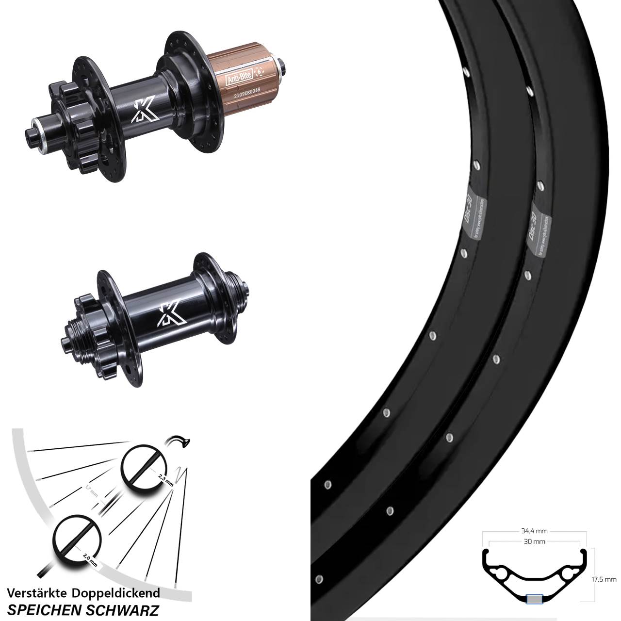 27,5 Zoll Ryde Disc 30 KX-M Laufradsatz 6-Loch QR 8-12 fach