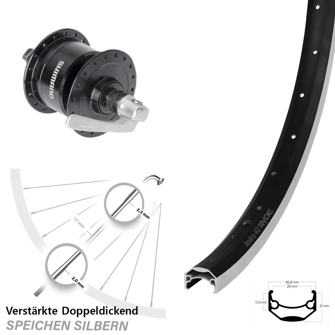 Nabendynamolaufrad 28 Zoll Ryde Andra 40 Shimano DH-3N72 QR