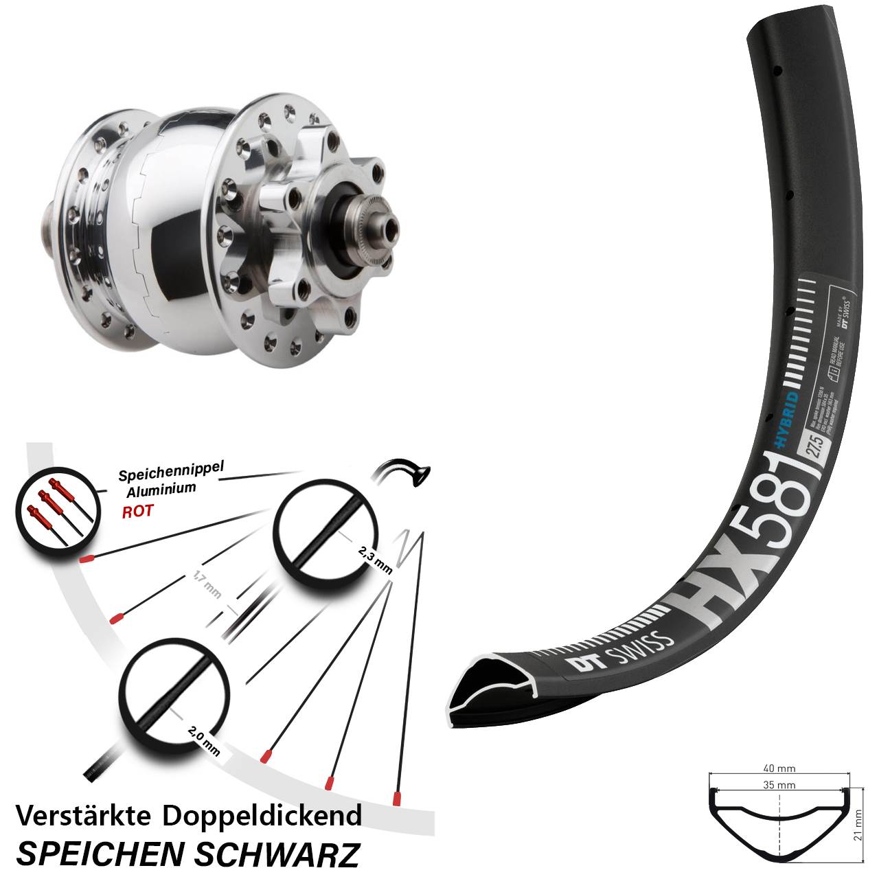Disc Nabendynamolaufrad für Schnellspanner 27,5 Zoll DT Swiss HX581 SON 28 poliert