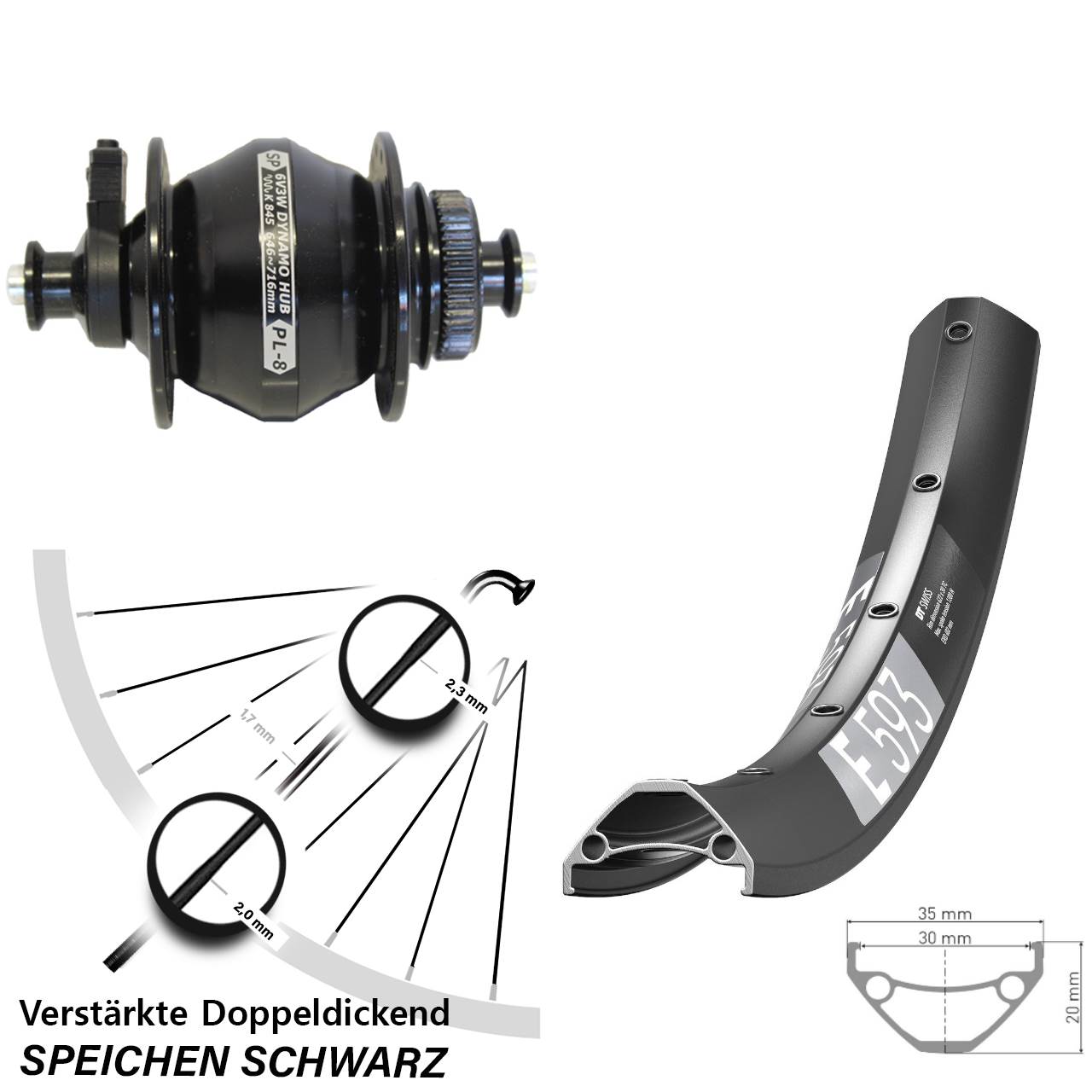29 Zoll DT Swiss E 593 Shutter PL-8 Dynamo-Vorderrad Centerlock QR