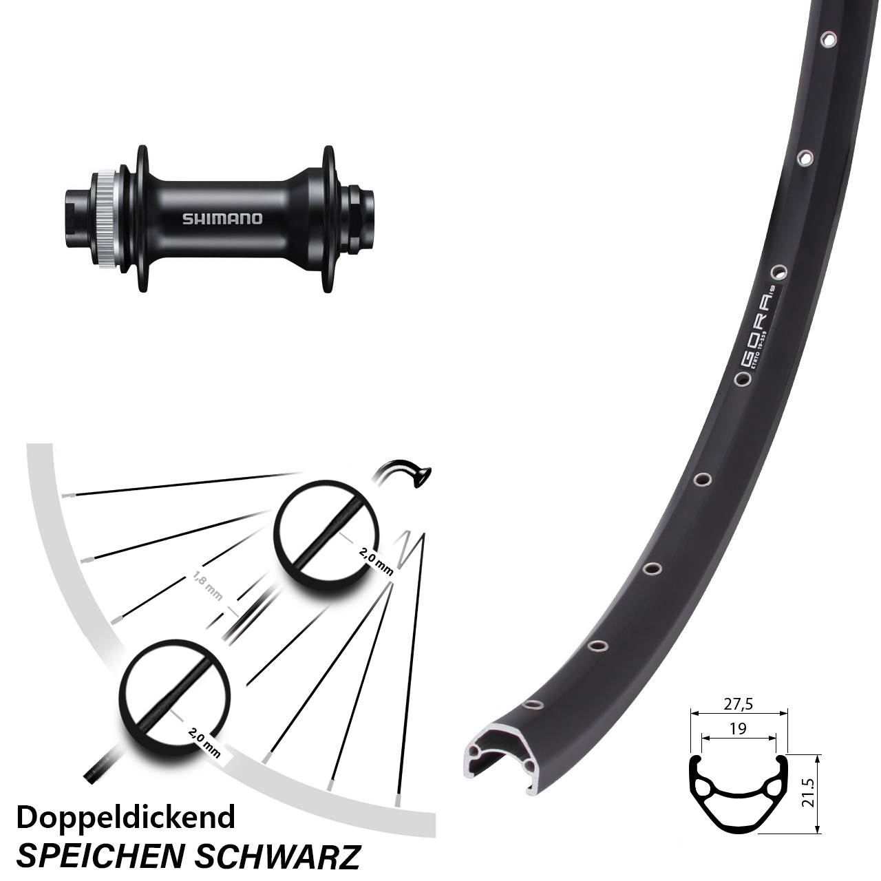 Disc Laufrad 27,5 Zoll Gora 19 Shimano HB-MT400 15x100