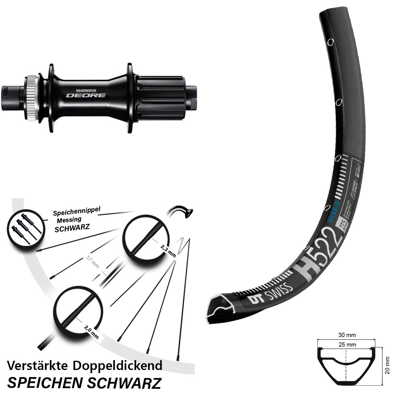 Disc Hinterrad 12x142 28-29 Zoll DT Swiss H522 Shimano Deore 8-11 fach