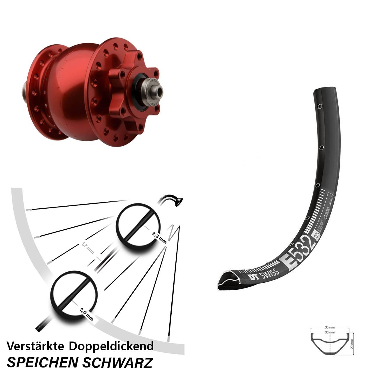 Nabendynamovorderrad 6-Loch 27,5 Zoll DT Swiss E 532 SON 28 rot für Schnellspanner