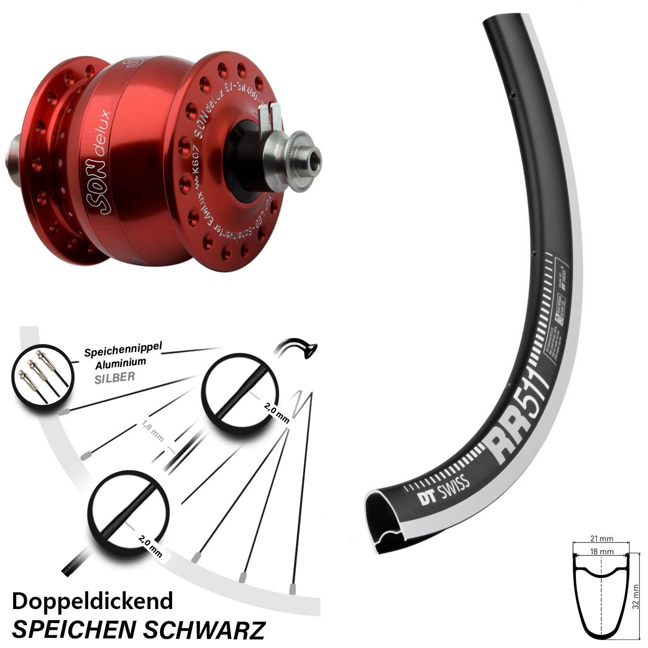 28 Zoll DT Swiss RR511 SON delux rot Dynamo-Vorderrad QR
