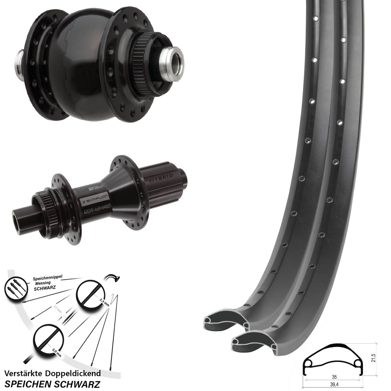 Disc Laufradsatz 12x100/142 27,5 Zoll Ambrosio E35 DT Swiss 370 Hybrid SON 28 8-11 fach