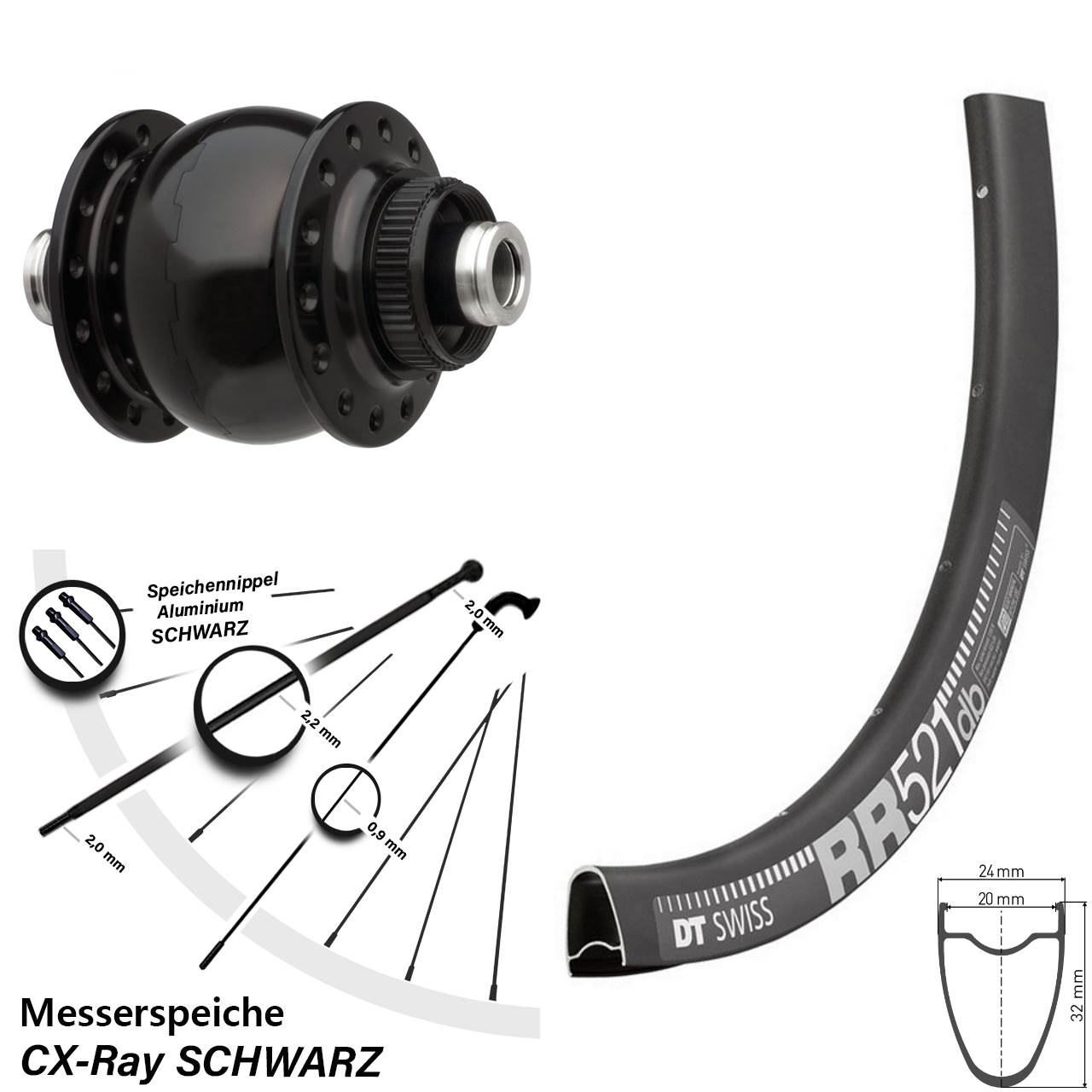 Vorderrad Road Disc 28 Zoll DT Swiss RR 521 Dynamo SON delux CX Ray Messerspeichen