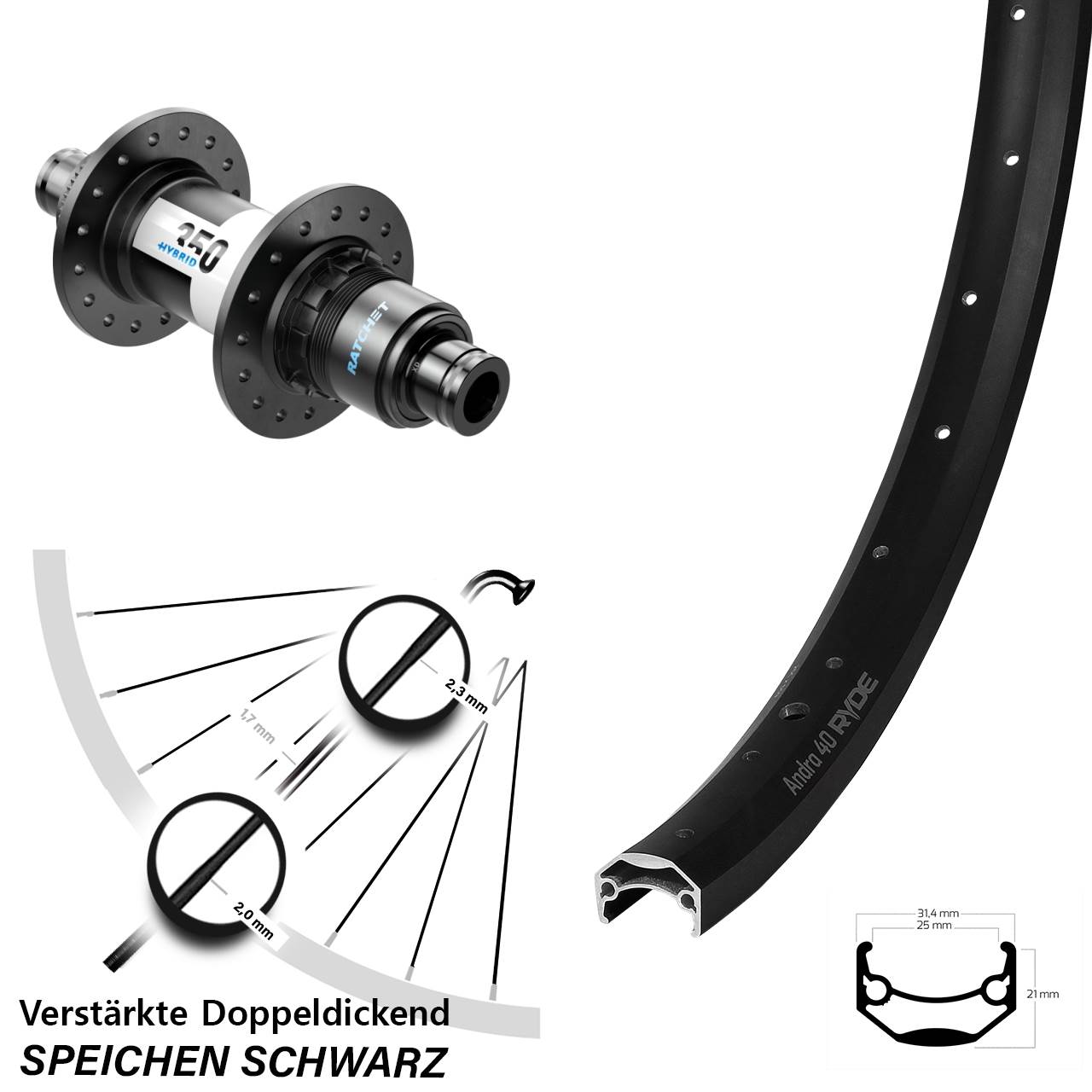 Ryde Andra 40 Disc DT Swiss 350 Hybrid 26 Zoll Laufrad 12x148 SRAM XD