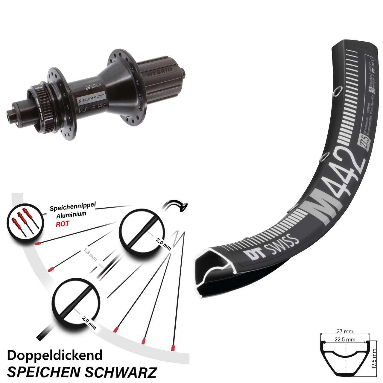 DT Swiss M 442-370 Hybrid 28-29 Zoll Disc Hinterrad für Schnellspanner 8-11 fach HG