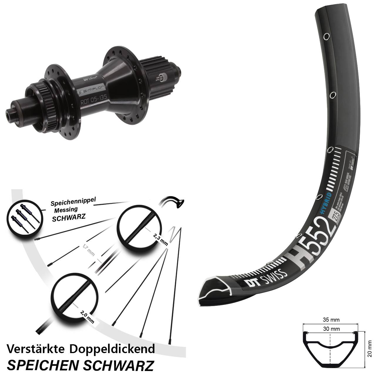 27,5 Zoll DT Swiss H552-370 Hybrid Disc Laufrad QR Micro Spline