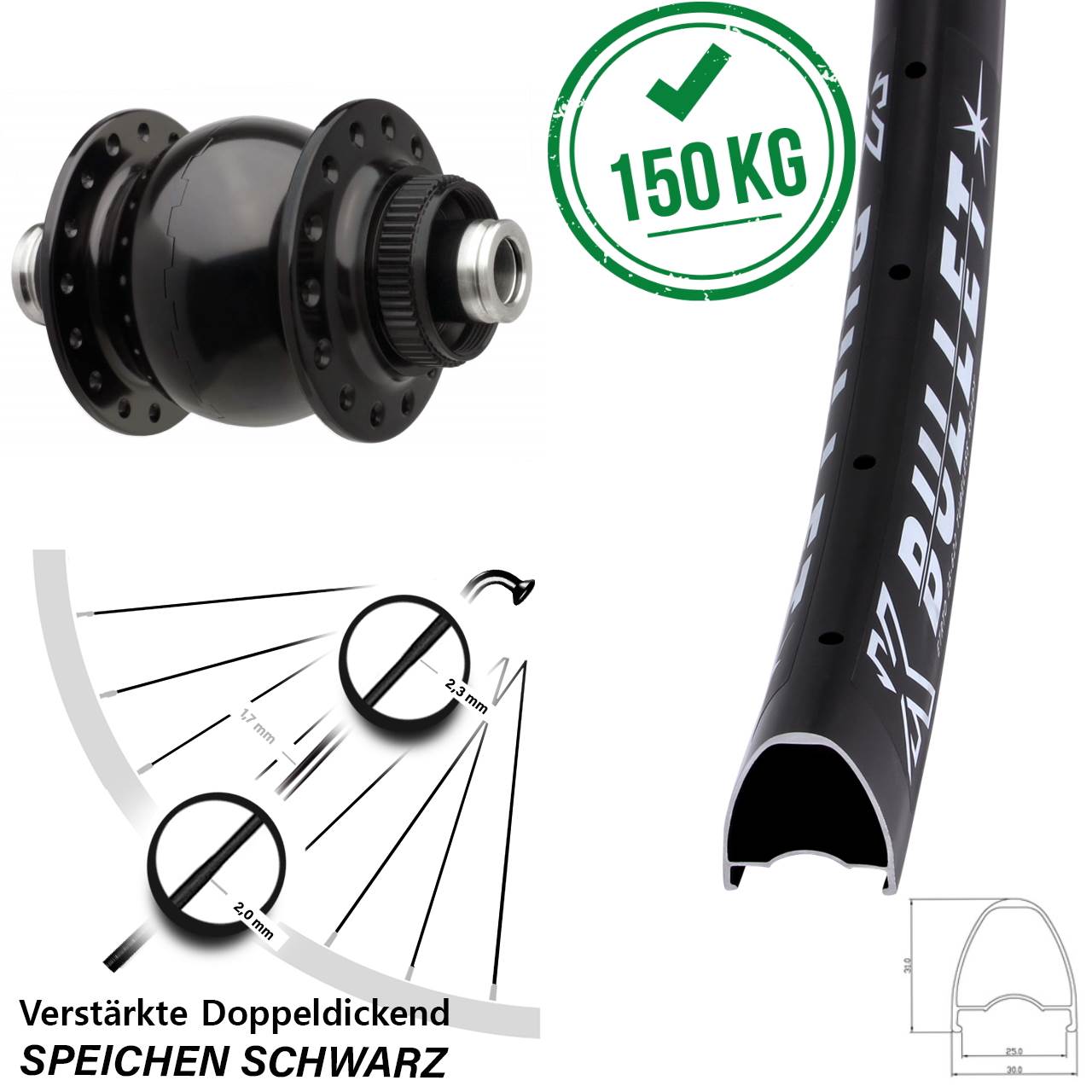 KX Bullet SON 28 Zoll Dynamo-Vorderrad Centerlock 12x110 Boost