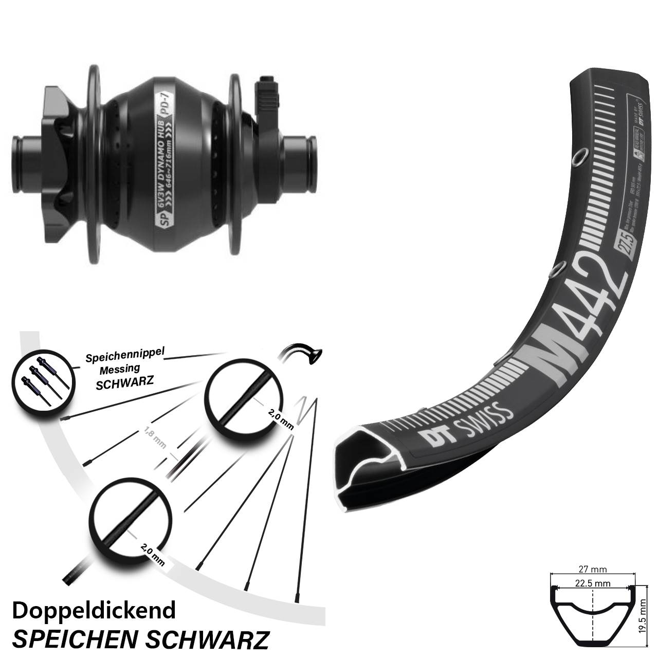 DT Swiss M 442 Shutter PD-7 28-29 Zoll Disc Vorderrad mit Nabendynamo 12x100