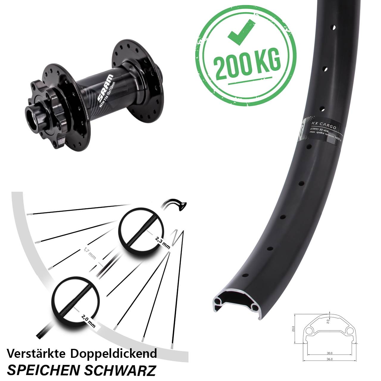 Boost Vorderrad 6-Loch 15x110 27,5 Zoll KX Cargo Sram 716