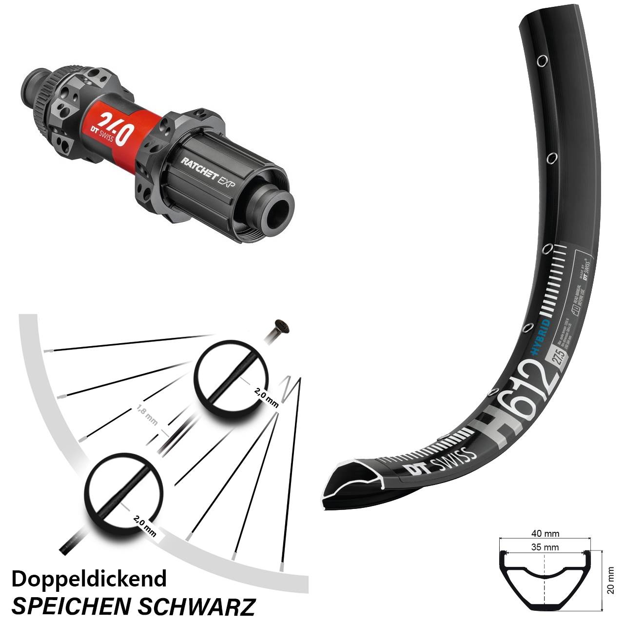 DT Swiss H612-240 EXP Straightpull CL Boost Hinterrad 27,5 Zoll Shimano HG 8-11 fach