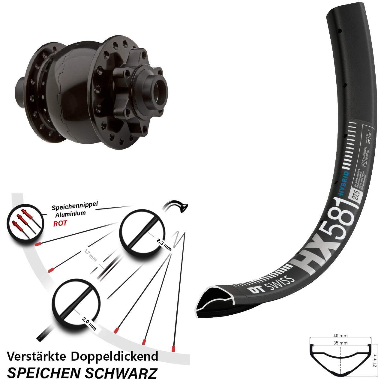 Nabendynamovorderrad 6-Loch 15x100 27,5 Zoll DT Swiss HX581 SON 28