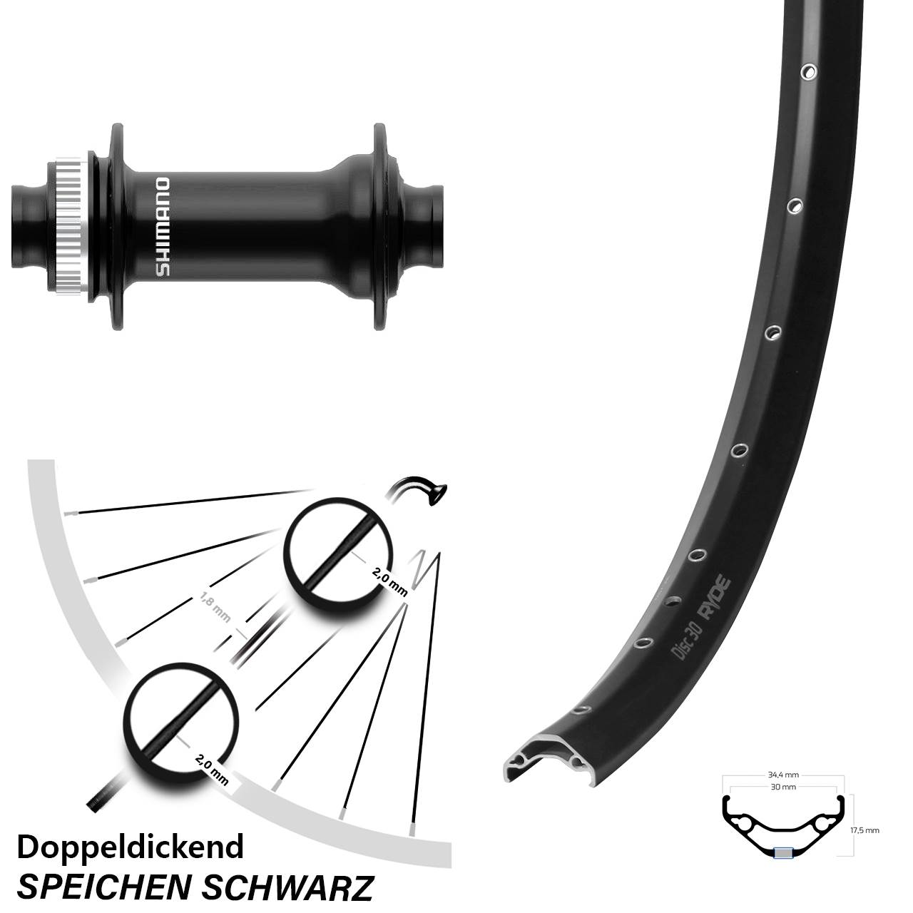 Centerlock Vorderrad 27,5 Zoll Ryde Disc 30 Shimano HB-MT410-B 15x110 Boost
