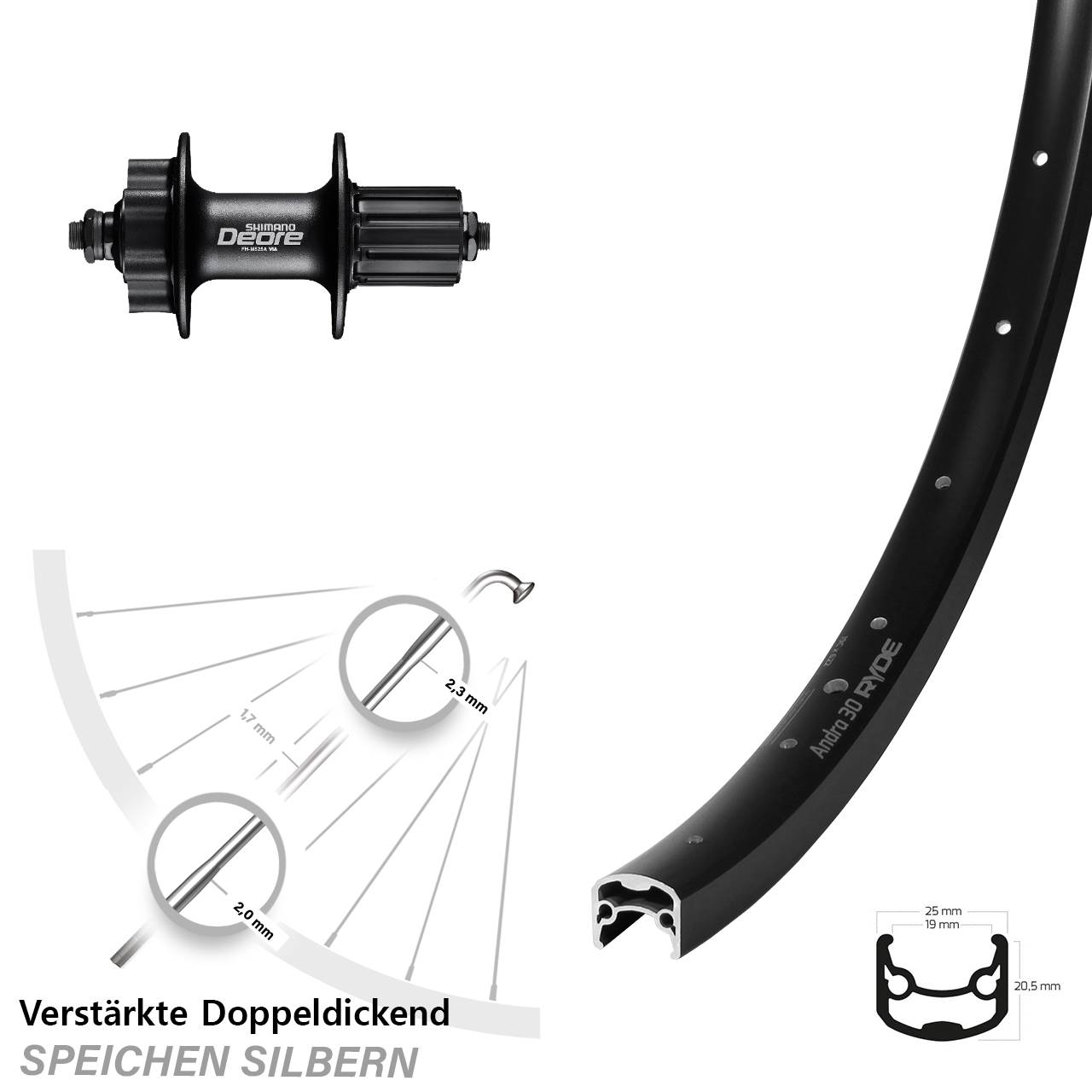 28-29 Zoll Ryde Andra 30 Shimano Deore Disc Hinterrad für Schnellspanner 8-11 fach HG