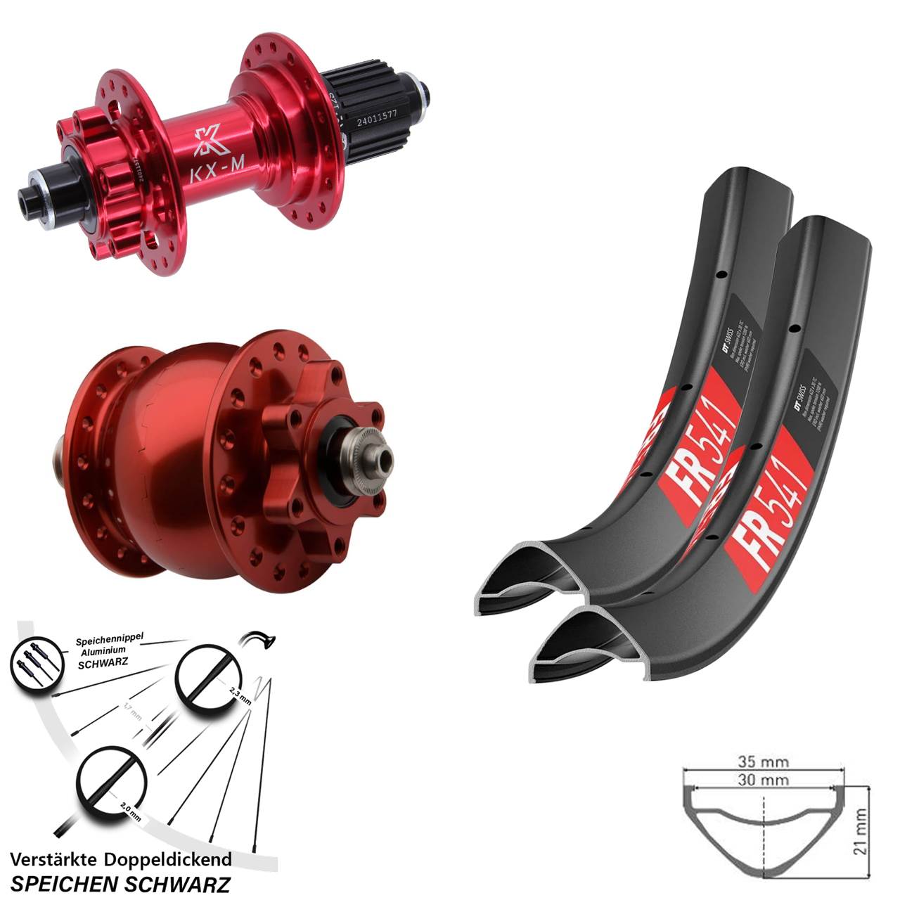 29 Zoll DT Swiss FR541 KX-M rot SON 28 6-Loch Laufradsatz für Schnellspanner Micro Spline