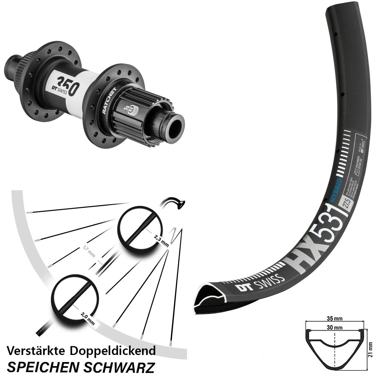29 Zoll DT Swiss HX531 350 Ratchet 36 Disc Hinterrad 12x148 Boost Micro Spline