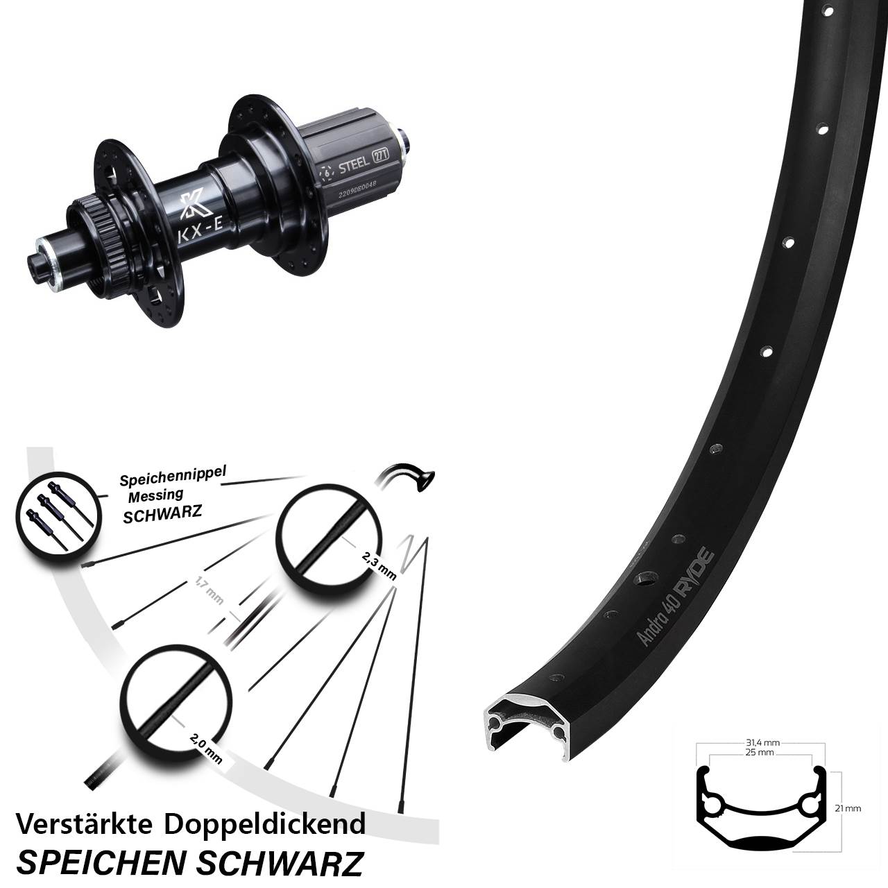 26 Zoll Hinterrad KX-E Ryde Andra 40 Disc 5x135 mm Shimano 8-12 fach