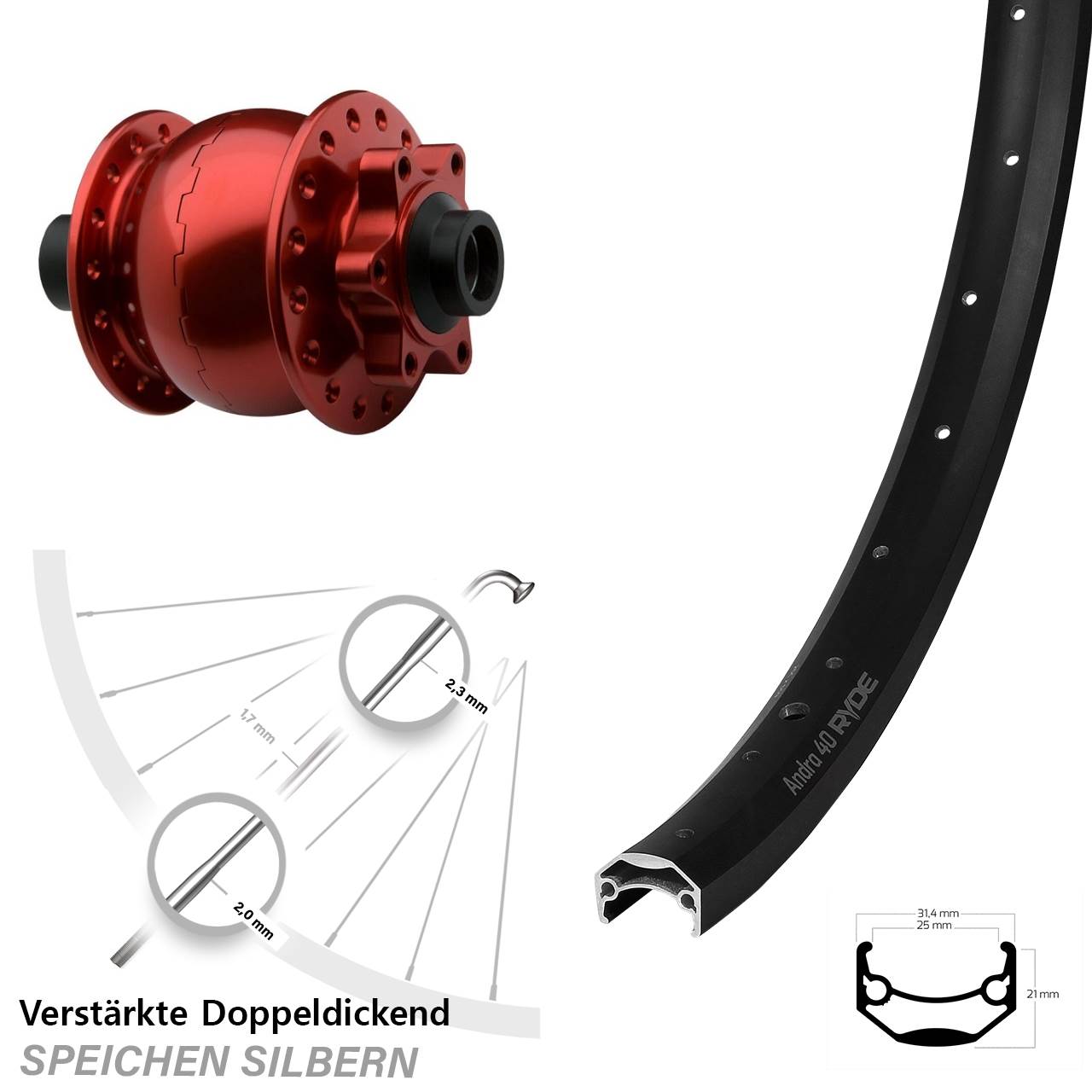 Disc Laufrad mit Nabendynamo 20 Zoll Ryde Andra 40 SON 28 rot 15x100