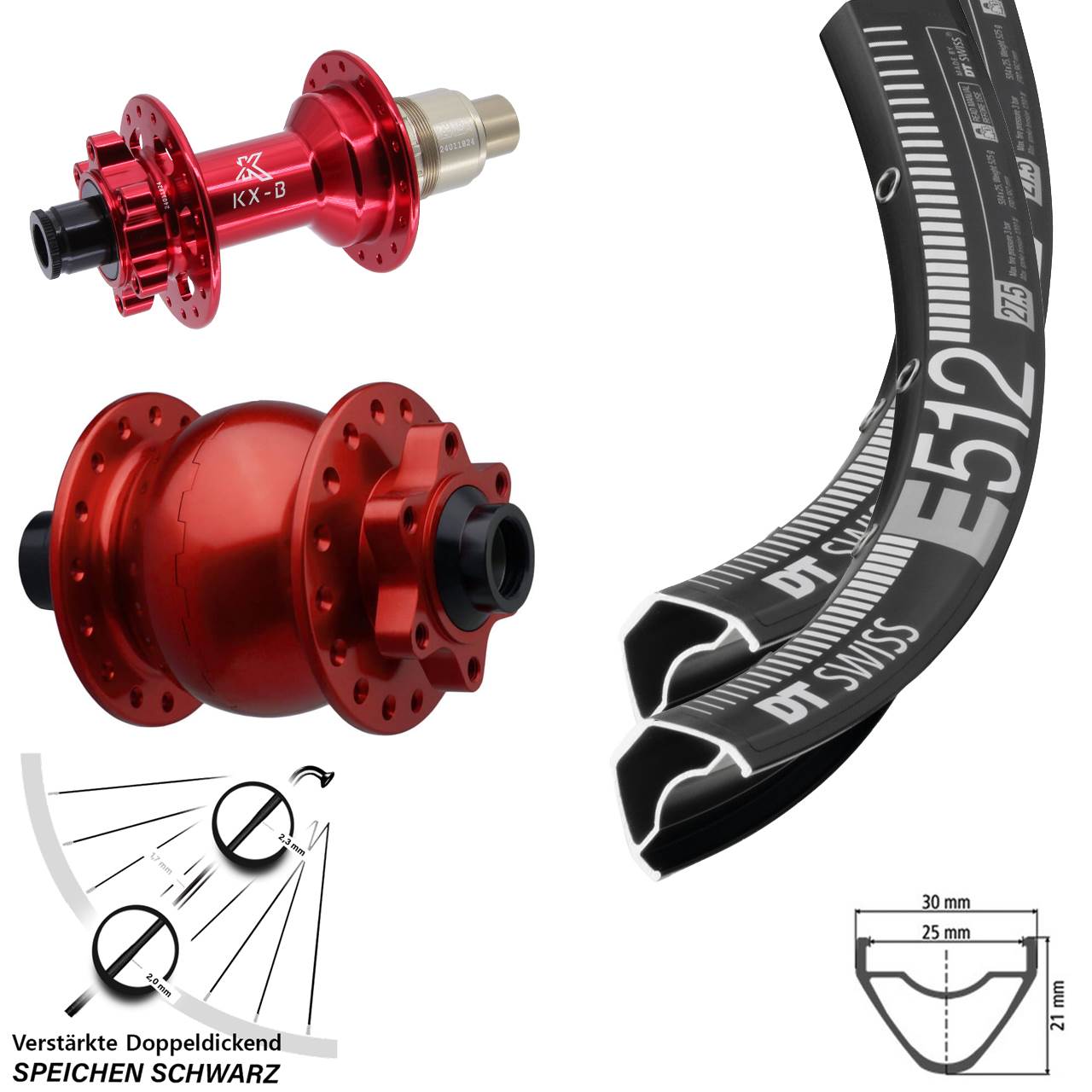 6-Loch Laufradsatz 15x110 12x148 29 Zoll DT Swiss E 512 KX-B rot SON 28 SRAM XD
