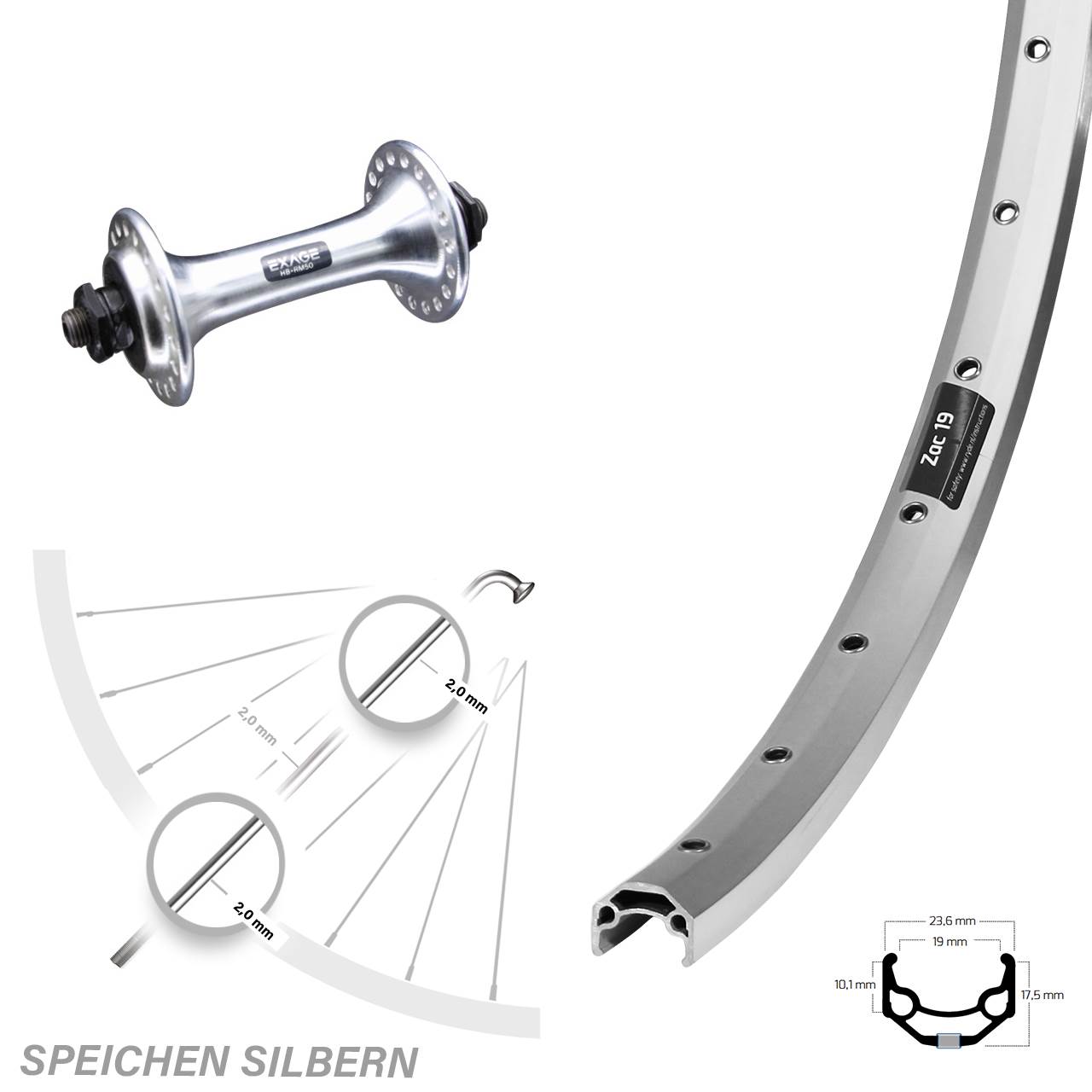 26 Zoll Ryde ZAC 19 Shimano Vorderrad QR silbern