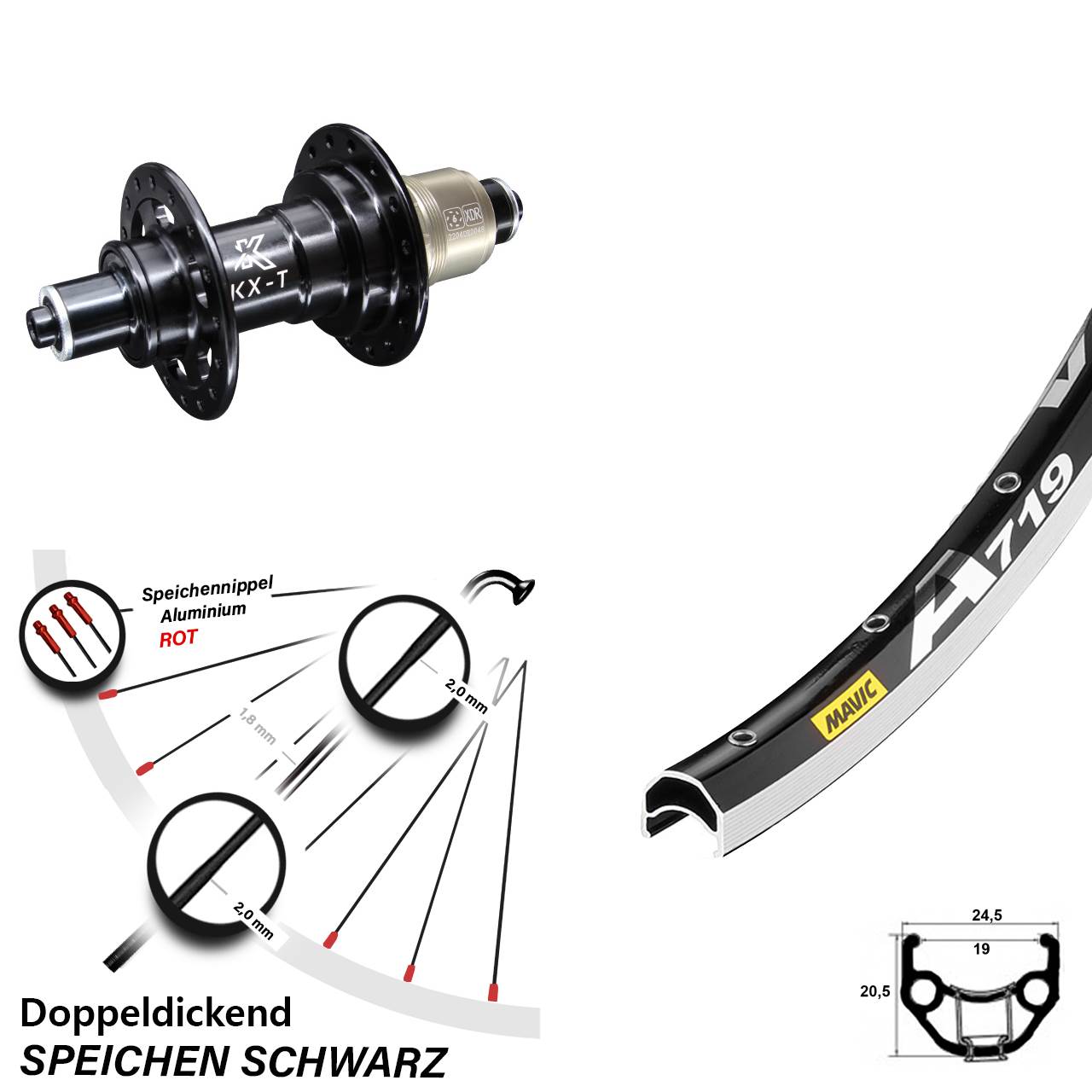 schwarzes 28 Zoll Hinterrad Mavic A 719 KX-T schwarz Sram XD 5x135 mm