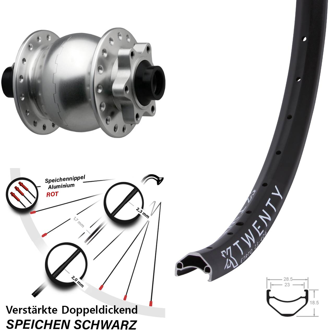 Disc Laufrad mit Nabendynamo 20 Zoll KX Twenty SON 28 silbern 15x110 Boost