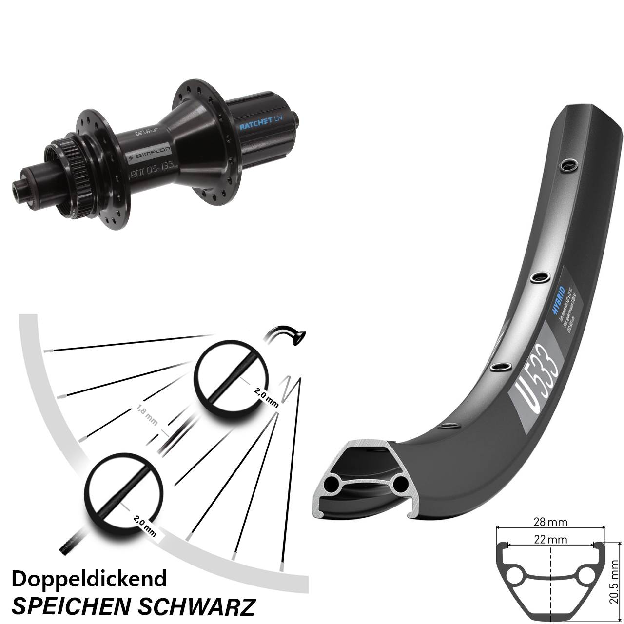 28 Zoll DT Swiss U533-370 Hybrid Hinterrad Centerlock für Schnellspanner 8-11 fach