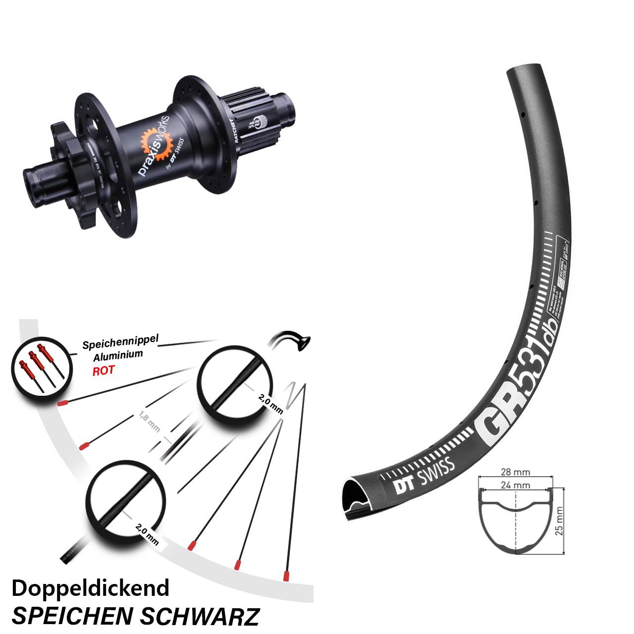 Hinterrad 28-29 Zoll DT Swiss GR531-350 6-Loch Micro Spline 12x142