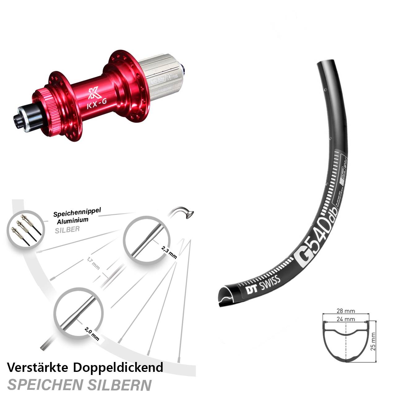 verstärktes Gravel Hinterrad 28-29 Zoll Nabe KX-G rot 5x135 mm 8-12 fach DT Swiss G 540