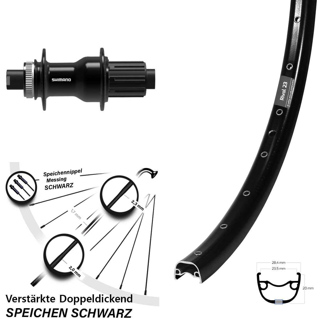 Hinterrad 27,5 Zoll Ryde Rival 23 Disc schwarz Shimano FH-TC500-HM-B Boost