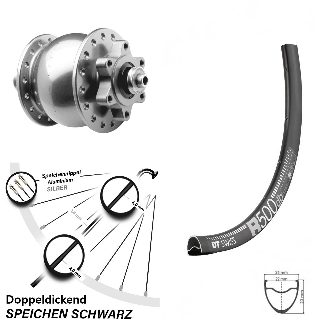 Disc Vorderrad mit Nabendynamo 28-29 Zoll DT Swiss R 500 SON 28 für Schnellspanner