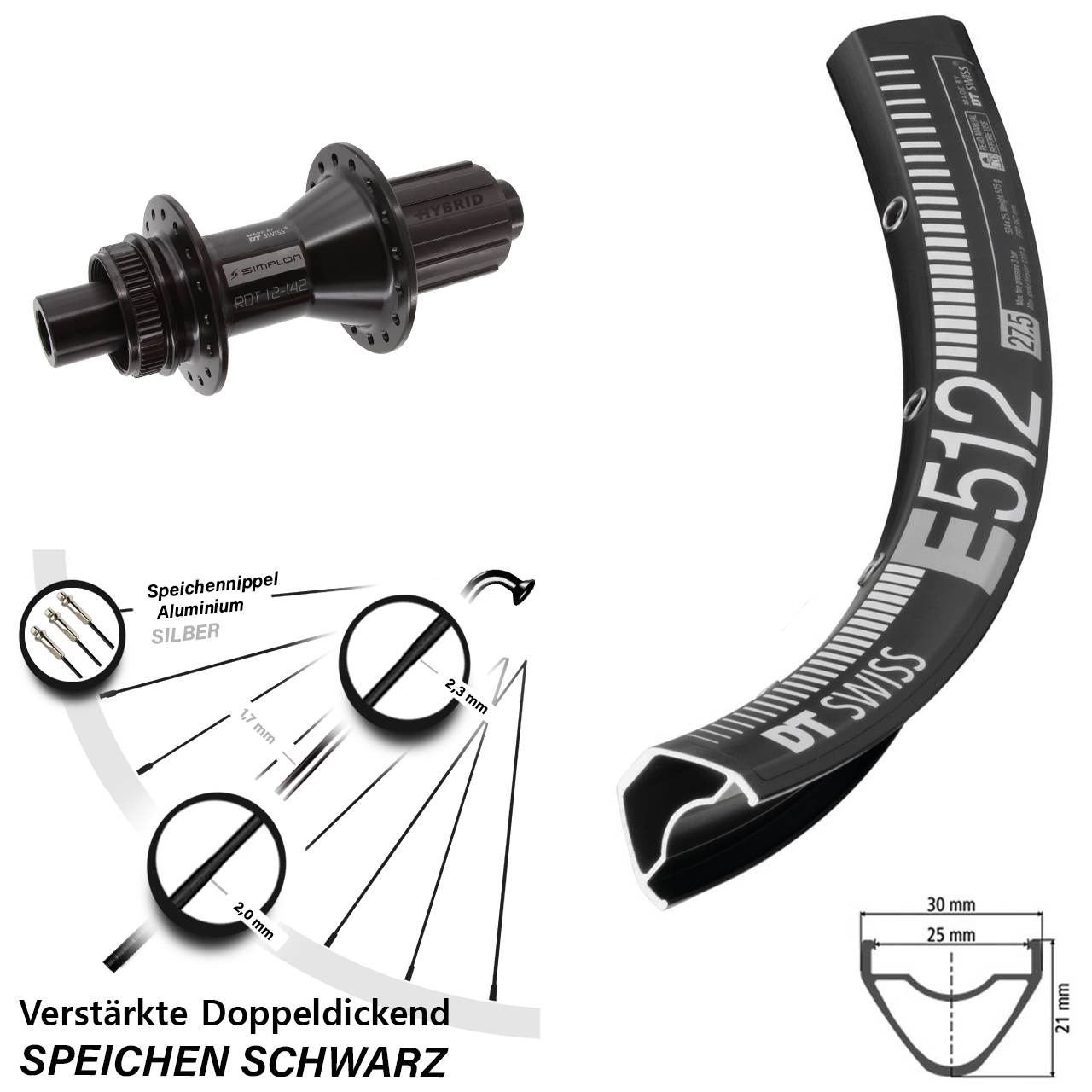 Centerlock Hinterrad 12x142 29 Zoll DT Swiss E512-370 Hybrid 8-11 fach HG