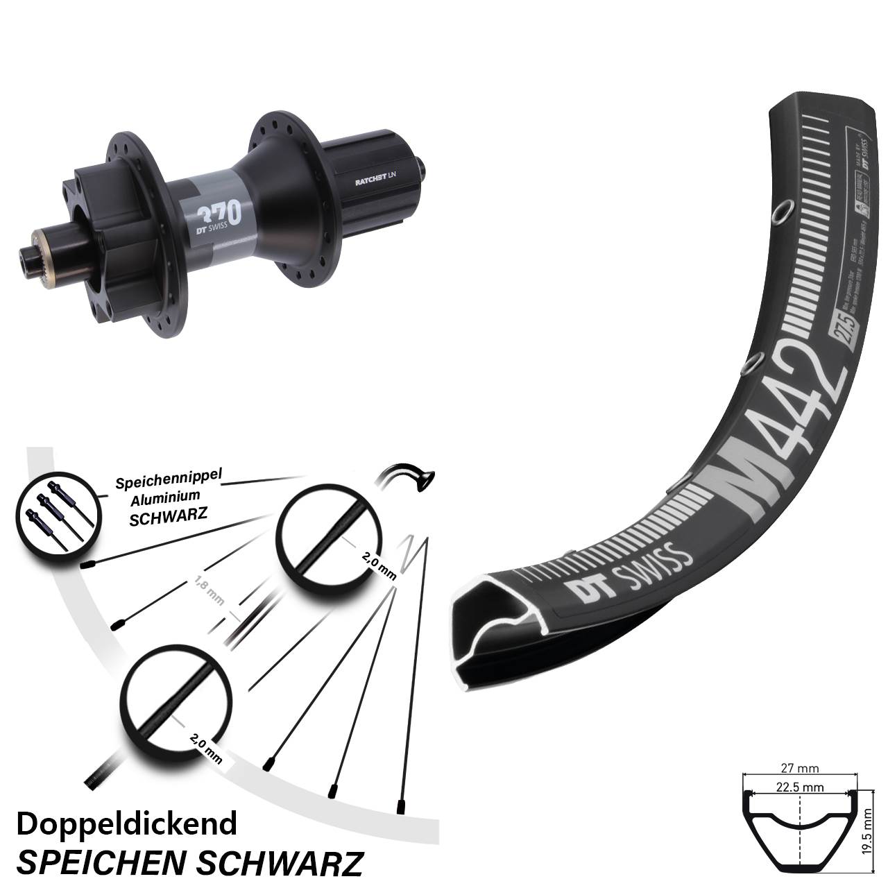 28 Zoll DT Swiss M 442 370 6-Loch Hinterrad QR 8-11 fach HG