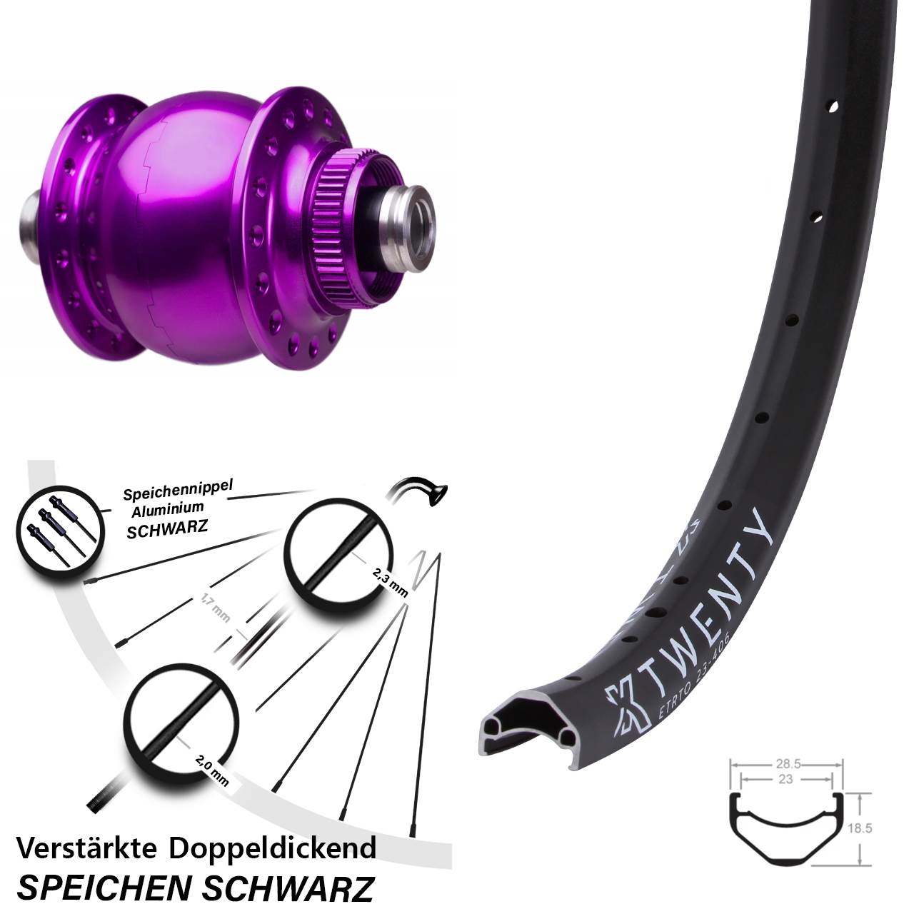 Centerlock Dynamo-Vorderrad 12x100 20 Zoll KX Twenty SON 28 violett