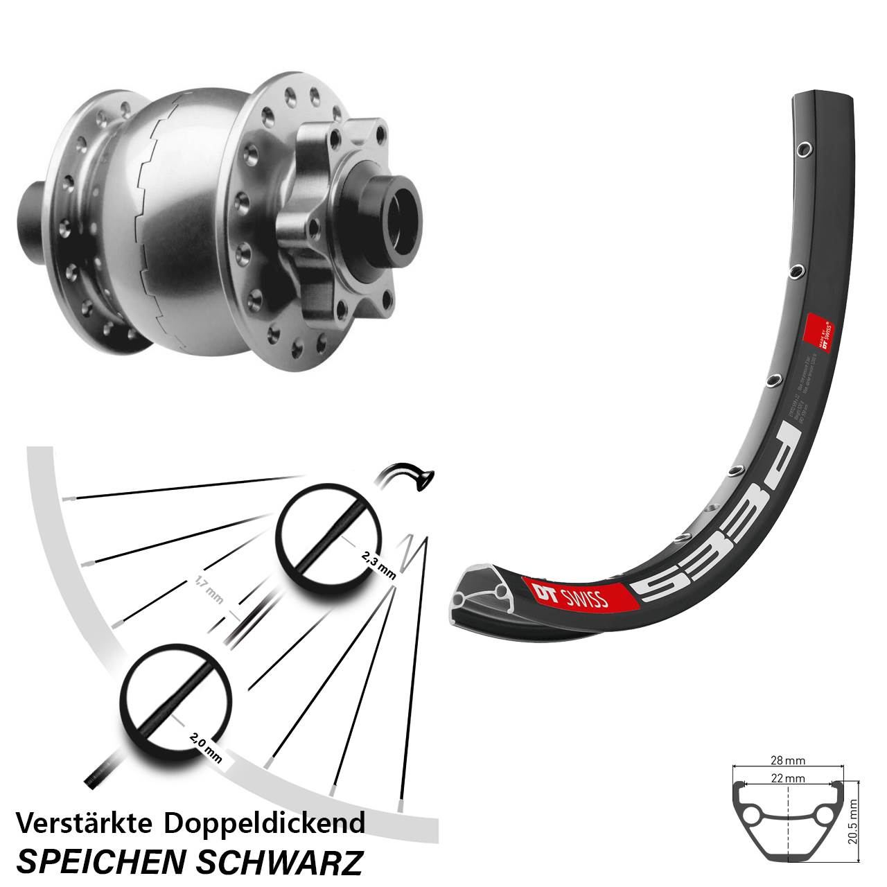 Nabendynamovorderrad 15x100 SON 28 Disc 6-Loch Zoll DT Swiss 533d