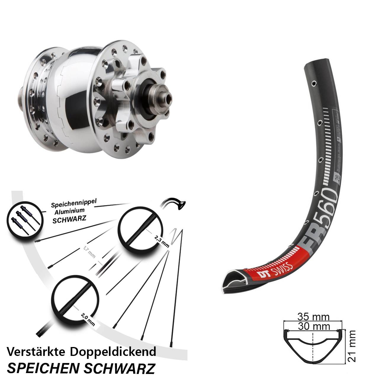 Disc Dynamo-Vorderrad für Schnellspanner 26 Zoll DT Swiss FR560 SON 28