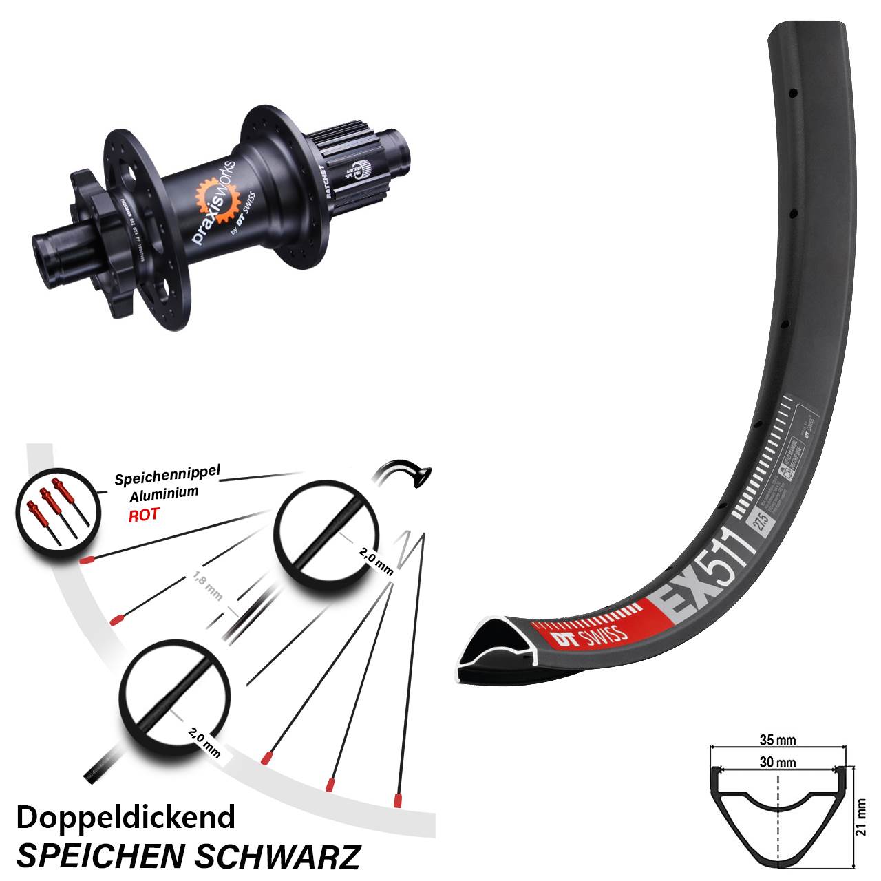 Hinterrad 6-Loch 29 Zoll DT Swiss EX511-350 Shimano Micro Spline 12x142