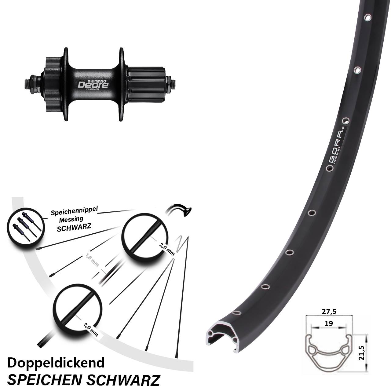 Gora 19 Shimano Deore 27,5 Zoll Disc Hinterrad für Schnellspanner 8-11 fach HG