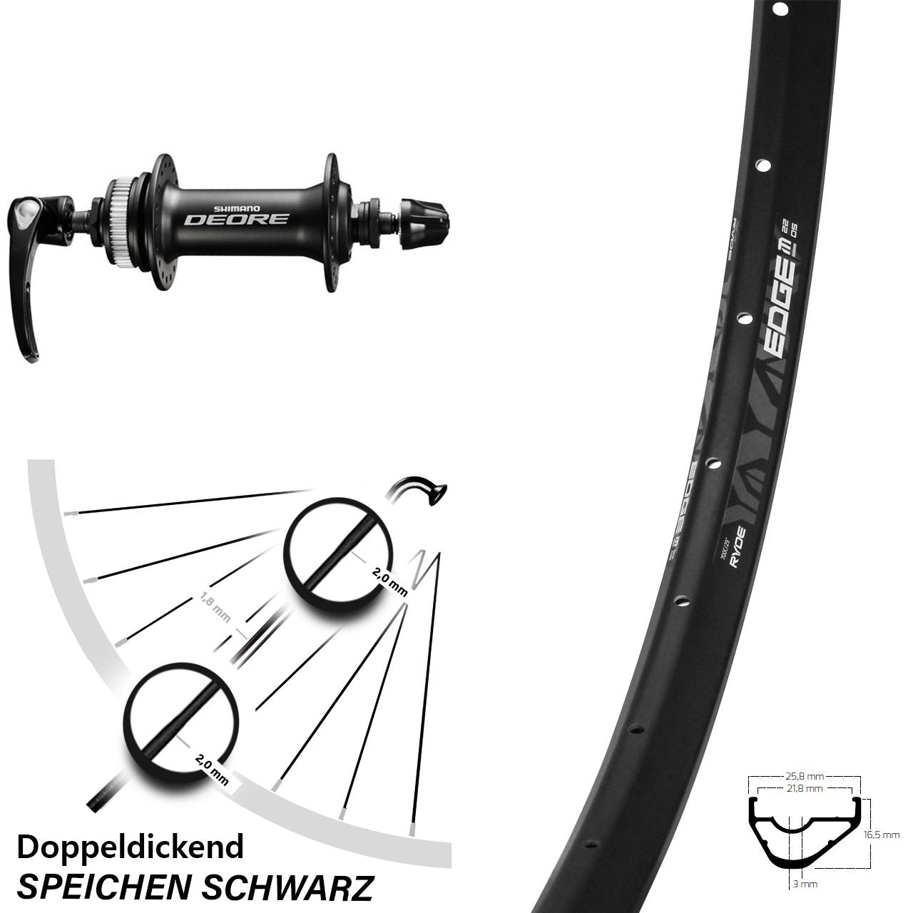 Vorderrad Centerlock QR 29 Zoll Ryde Edge M22 OS Shimano Deore