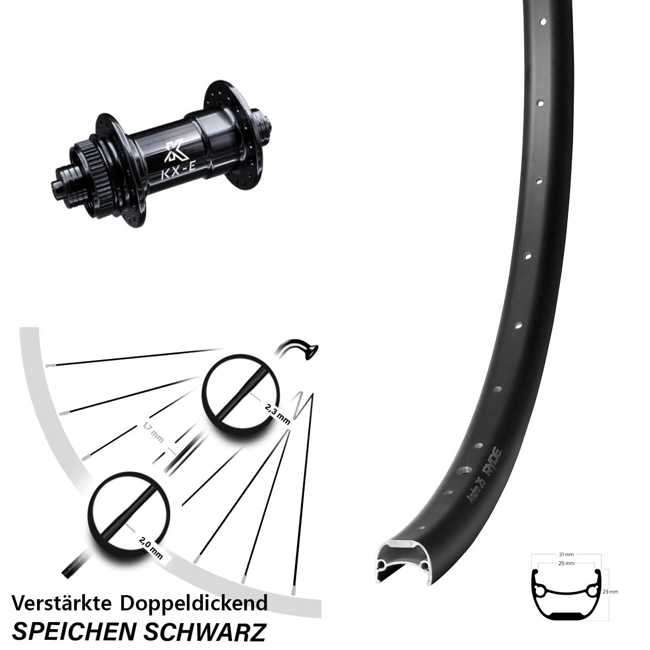 Ryde Andra 25 KX-E Heavy Duty 28 Zoll Vorderrad Centerlock für Schnellspanner