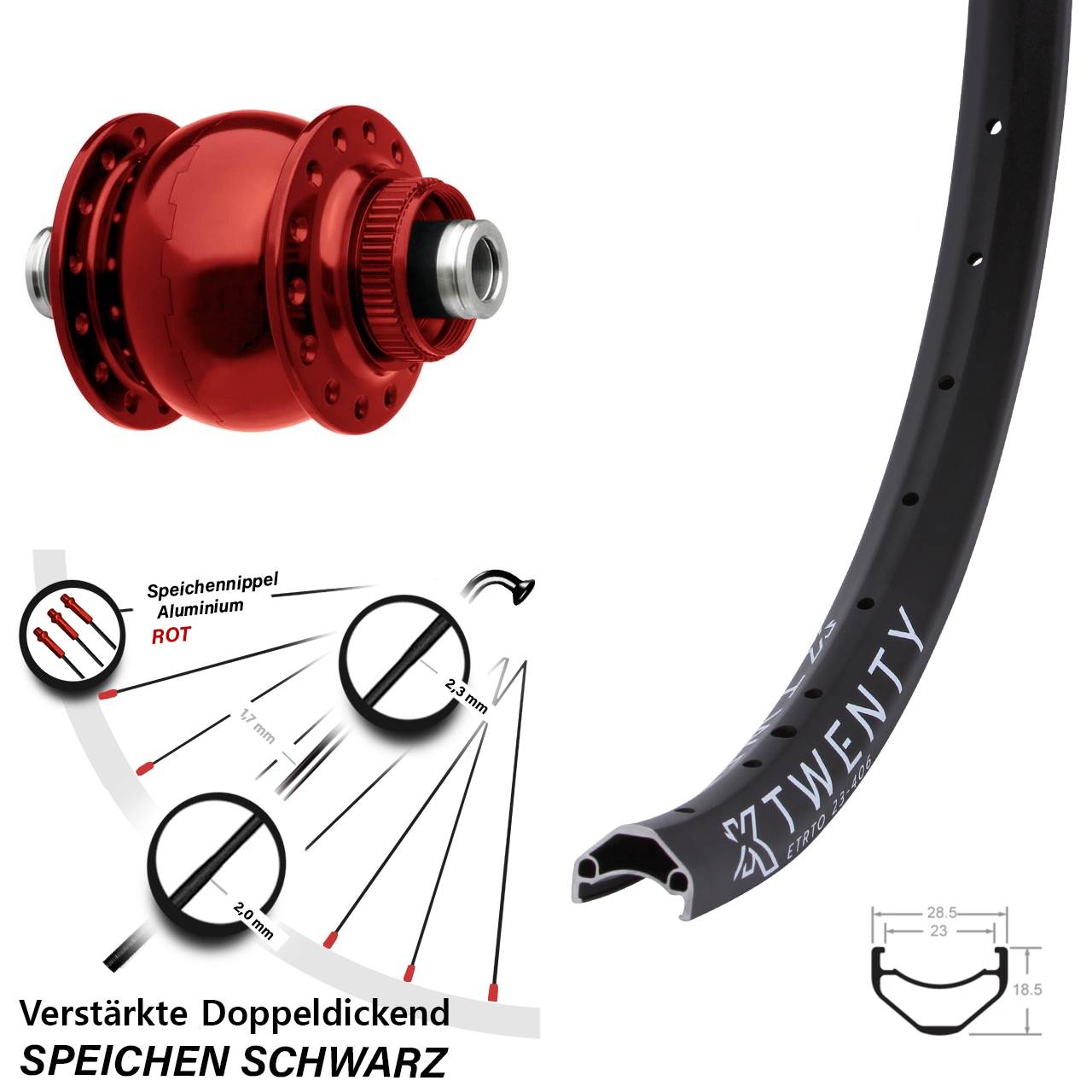 SON 28 rot KX Twenty 20 Zoll Disc Vorderrad mit Nabendynamo 12x100