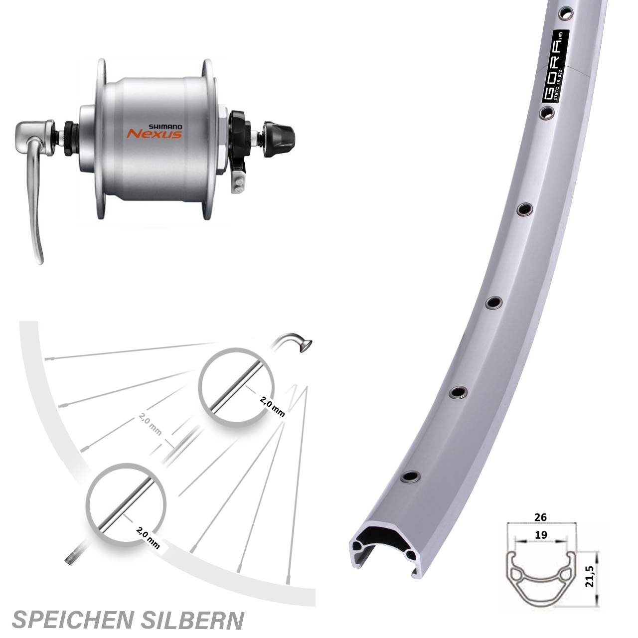Vorderrad mit Nabendynamo 28 Zoll Gora 19 Shimano DH-C3000 QR silbern
