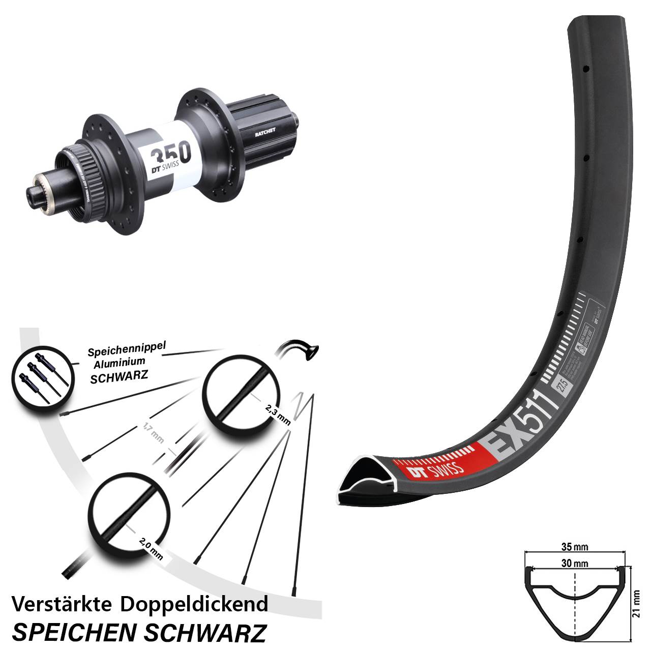 27,5 Zoll DT Swiss EX 511-350 Ratchet 36 Hinterrad Centerlock QR Boost 8-11 fach